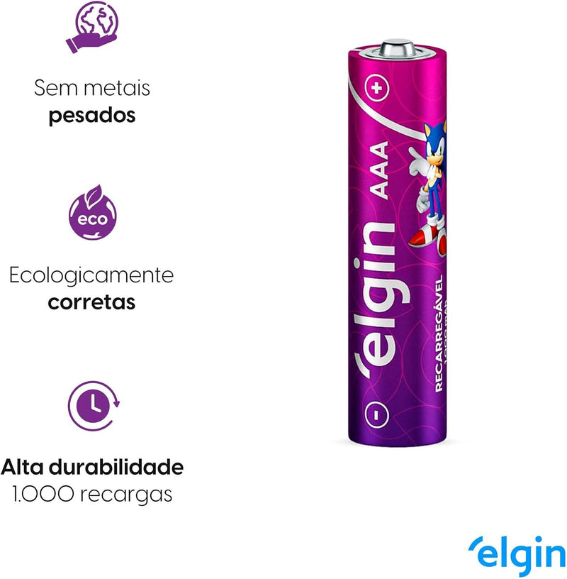Pilha recarregável AAA 1000mAh Elgin com 4 unidades Palito