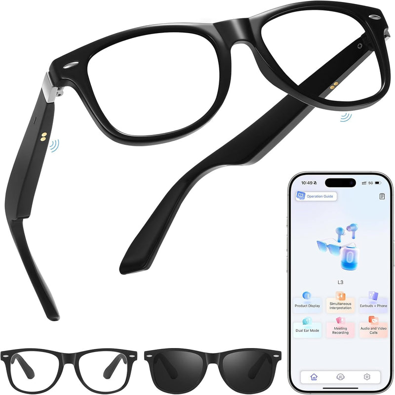 Anpress Óculos inteligentes masculinos e femininos AI Bluetooth com 164 idiomas e acentos tradução em tempo real, óculos tradutores de IA com lentes antirluz azul e UV400, controle de voz, som