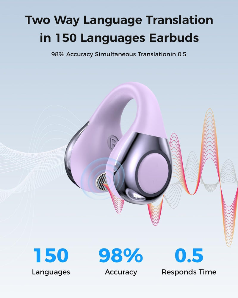 GRUCISO Fones de ouvido de tradução em tempo real, 3 em 1, tradutor, 150 idiomas e acentos, som HiFi, adequado para iOS e Android, design de clipe de orelha aberta para viagens, aprendizado e negócios