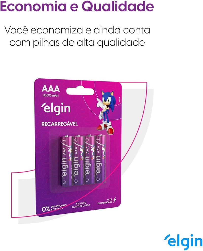 Pilha recarregável AAA 1000mAh Elgin com 4 unidades Palito