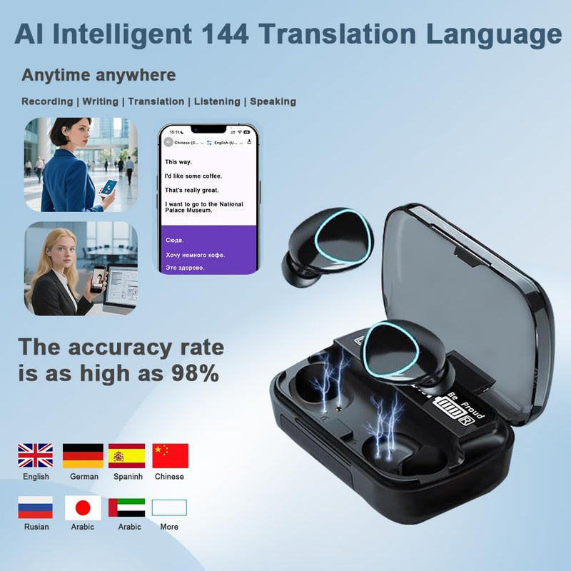 Fones de ouvido para tradutor de idiomas M10 AI, suporta 144 idiomas, tradução online em tempo real, fone de ouvido com detalhes 3 em 1, fones de ouvido perfeitos para viagens de negócios e