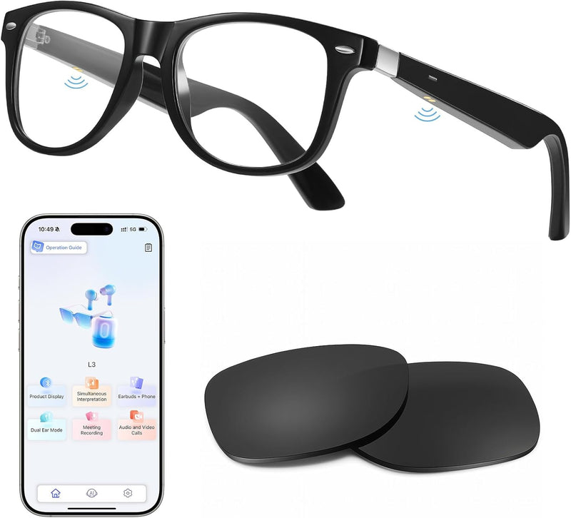 Anpress Óculos inteligentes masculinos e femininos AI Bluetooth com 164 idiomas e acentos tradução em tempo real, óculos tradutores de IA com lentes antirluz azul e UV400, controle de voz, som