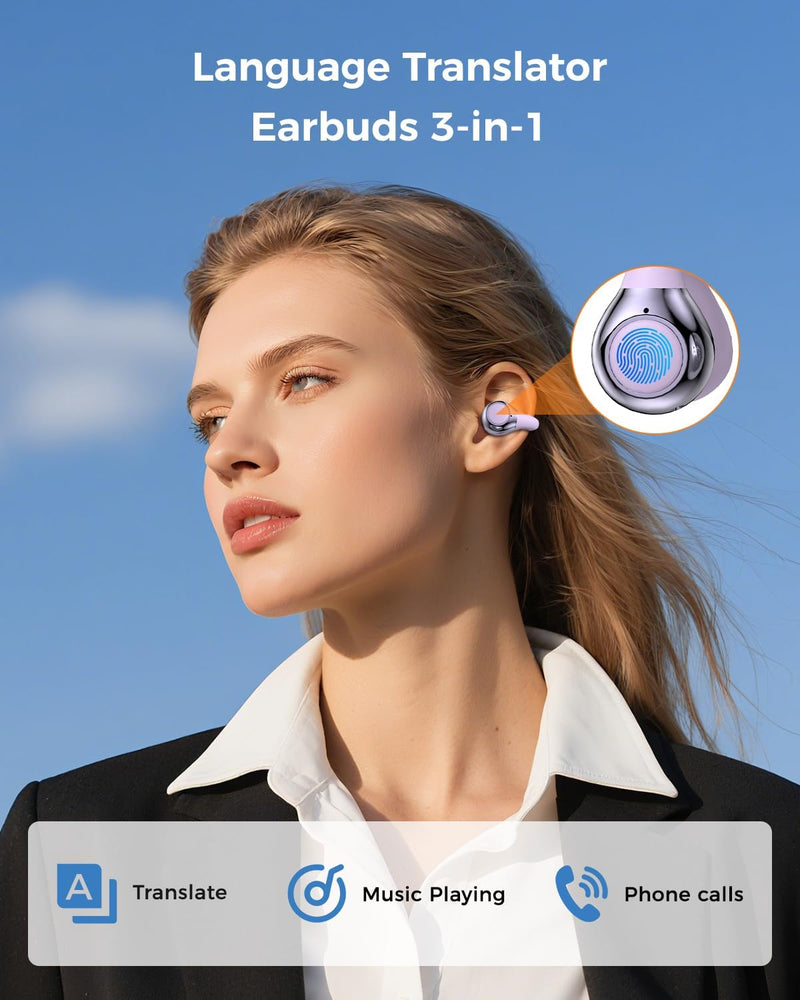 GRUCISO Fones de ouvido de tradução em tempo real, 3 em 1, tradutor, 150 idiomas e acentos, som HiFi, adequado para iOS e Android, design de clipe de orelha aberta para viagens, aprendizado e negócios