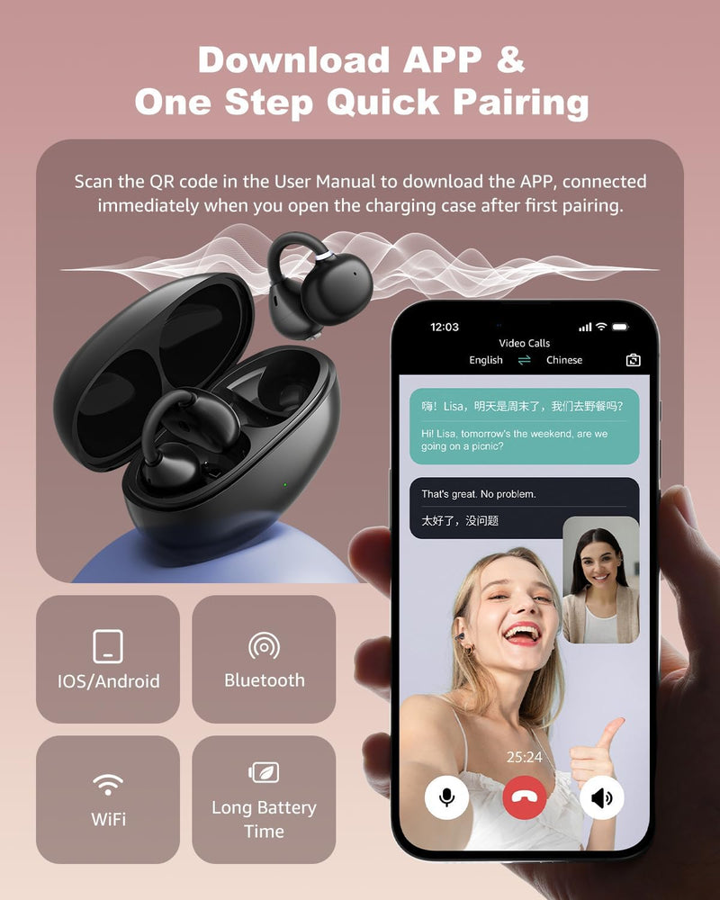 Fones de ouvido AI Translation em tempo real 163 acentos e idiomas tradutor, fones de ouvido 3 em 1 de tradução de orelha aberta para aprendizado de viagem, espanhol/inglês Audífonos Tradutores