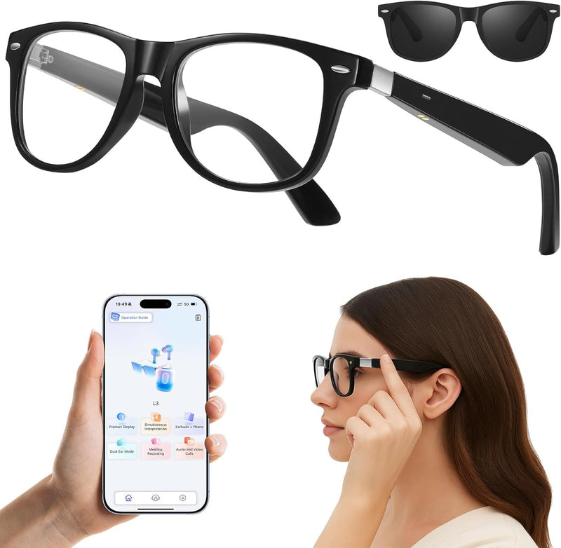 Anpress Óculos inteligentes masculinos e femininos AI Bluetooth com 164 idiomas e acentos tradução em tempo real, óculos tradutores de IA com lentes antirluz azul e UV400, controle de voz, som