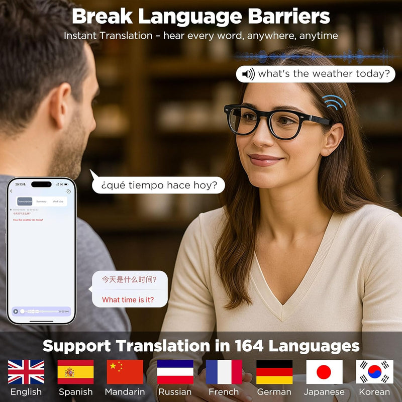 Anpress Óculos inteligentes masculinos e femininos AI Bluetooth com 164 idiomas e acentos tradução em tempo real, óculos tradutores de IA com lentes antirluz azul e UV400, controle de voz, som
