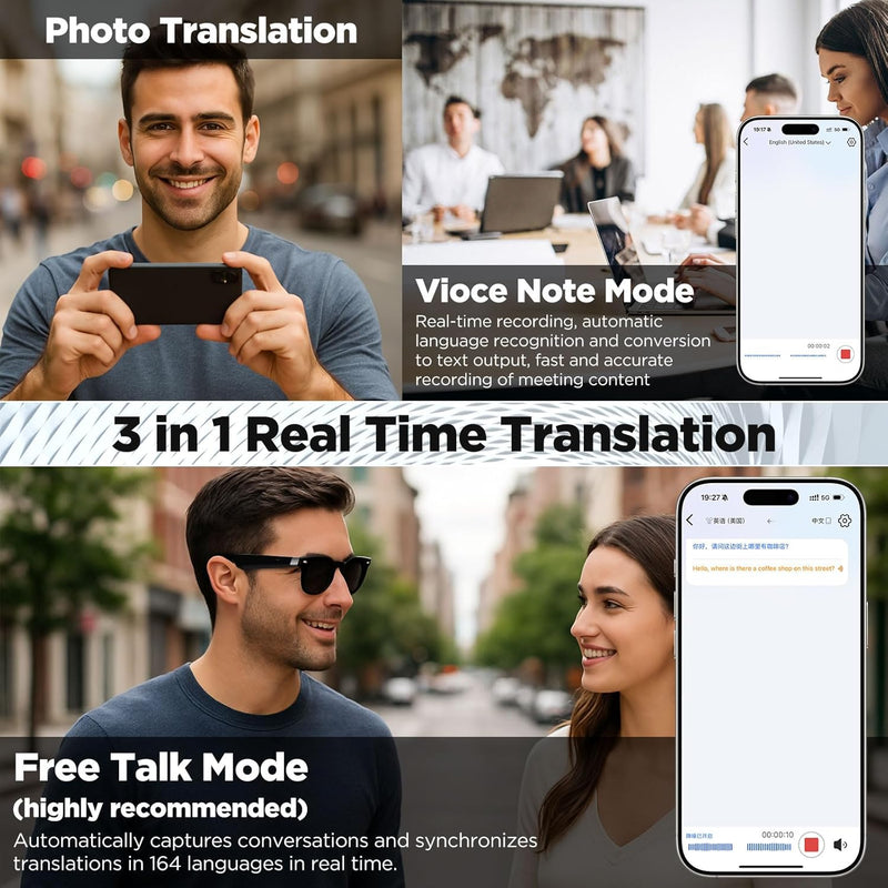 Anpress Óculos inteligentes masculinos e femininos AI Bluetooth com 164 idiomas e acentos tradução em tempo real, óculos tradutores de IA com lentes antirluz azul e UV400, controle de voz, som