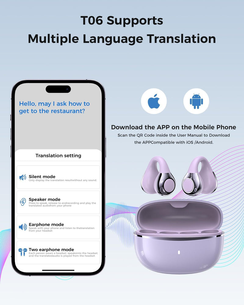 GRUCISO Fones de ouvido de tradução em tempo real, 3 em 1, tradutor, 150 idiomas e acentos, som HiFi, adequado para iOS e Android, design de clipe de orelha aberta para viagens, aprendizado e negócios