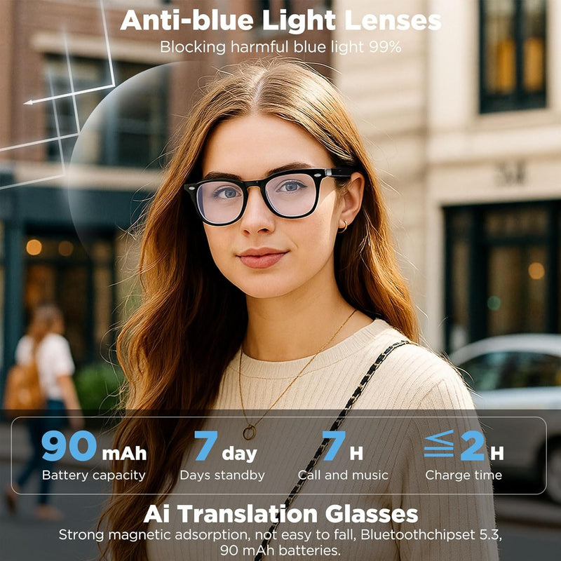 Anpress Óculos inteligentes masculinos e femininos AI Bluetooth com 164 idiomas e acentos tradução em tempo real, óculos tradutores de IA com lentes antirluz azul e UV400, controle de voz, som