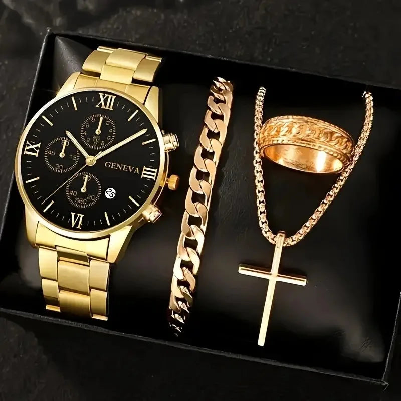 Relógios de quartzo masculinos de luxo, conjunto com 4 peças