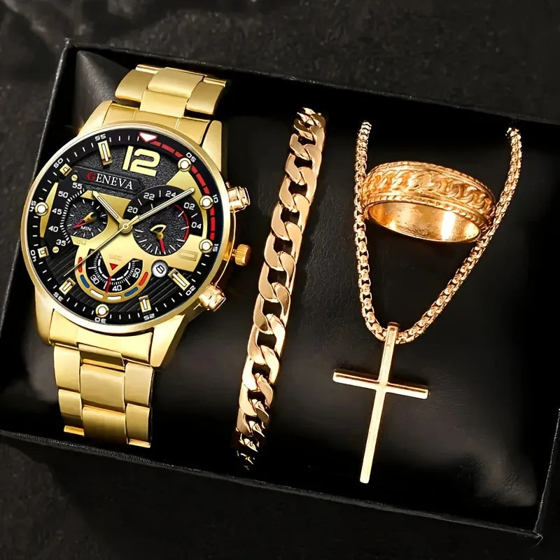 Relógios de quartzo masculinos de luxo, conjunto com 4 peças