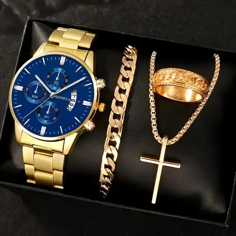 Relógios de quartzo masculinos de luxo, conjunto com 4 peças