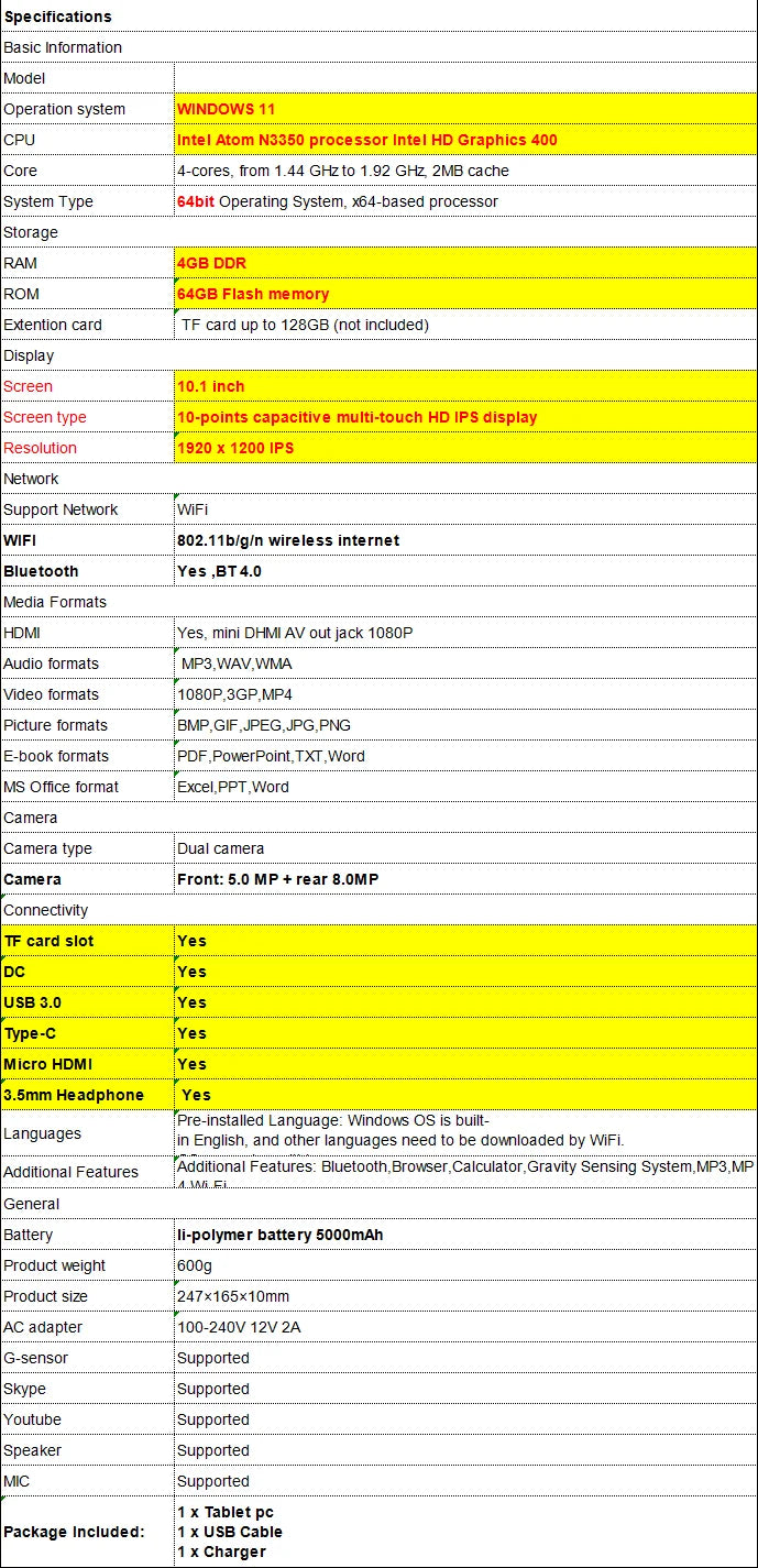 Tablet PC AR10 Polegadas 10.1'' Windows 10